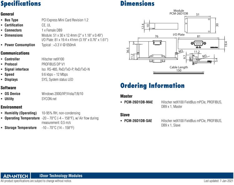 研華PCM-26D1DB 1端口 Hilscher netX100 現(xiàn)場總線 mPCIe，PROFIBUS，DB9