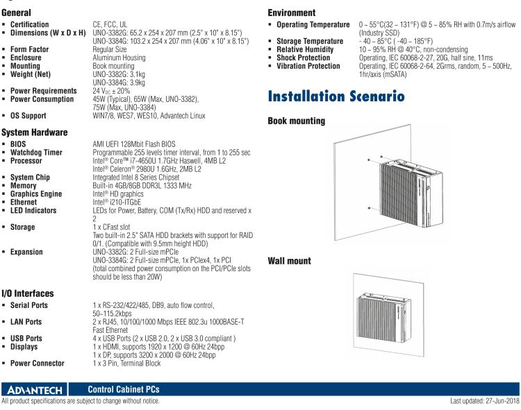 研華UNO-3384G Intel? Core? i7/Celeron控制柜PC，2 x GbE, 2 x mPCIe, HDMI/DP