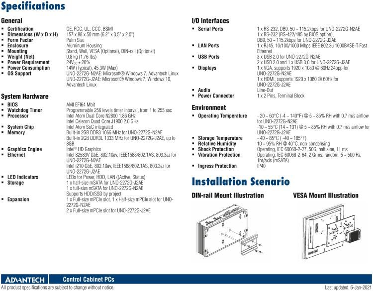 研華UNO-2272G 袖珍型嵌入式工控機(jī)，搭配Intel? Atom?處理器，1 x GbE, 2 x mPCIe, VGA/HDMI
