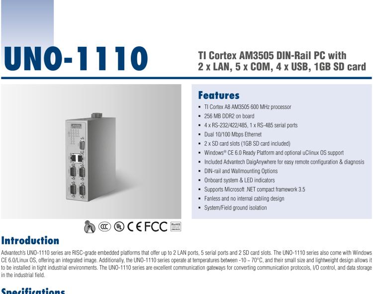研華UNO-1110 導(dǎo)軌安裝型工業(yè)控制器，搭配TI Coretex AM3505 處理器，2×LAN，5×COM，4×USB，1 GB SD卡