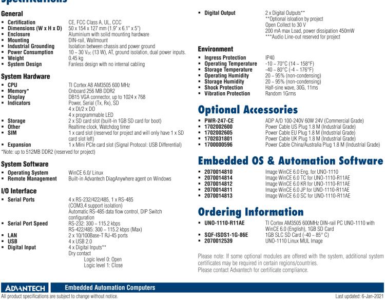 研華UNO-1110 導(dǎo)軌安裝型工業(yè)控制器，搭配TI Coretex AM3505 處理器，2×LAN，5×COM，4×USB，1 GB SD卡