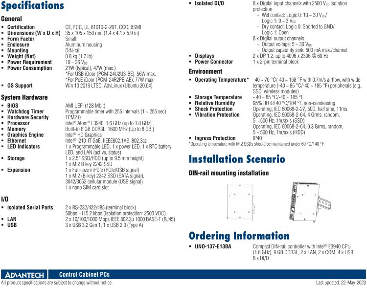 研華UNO-137 DIN導軌控制器，配備Intel?Atom?E3940 CPU、2個LAN、2個COM、3個USB 3.0、1個USB 2.0、2個DP 1.2、8個DI、8個DO、1個M.2、1個mPCIe、TPM 2.0