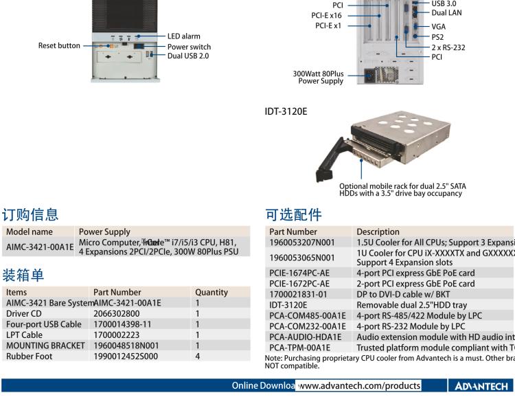 研華AIMC-3421 智能微型計(jì)算機(jī)，支持英特爾酷睿? i7/i5/i3 CPU,H81芯片組，4個(gè)擴(kuò)展槽2PCI/2PCIe,300W 80Plus 電源