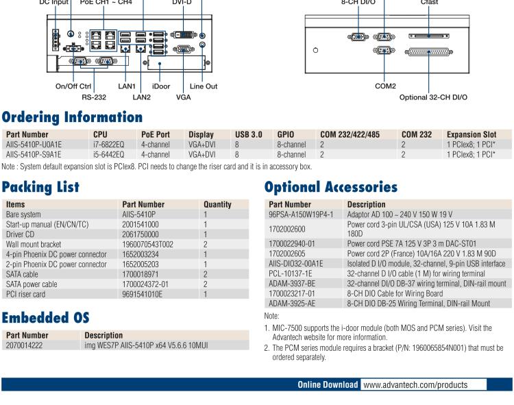 研華AIIS-5410P 無風扇視覺系統(tǒng)，Intel Core? i 處理器，4通道 GigE PoE 相機界面和 PCIe 插槽