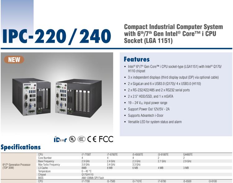 研華IPC-240 緊湊型工業(yè)電腦，帶第六/七代Intel? Core? i CPU插槽(LGA 1151)