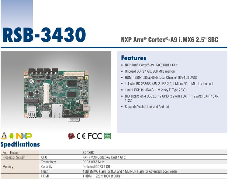 研華RSB-3430 基于NXP Arm Cortex-A9 i.MX6平臺,精簡功能的2.5寸緊湊型單板電腦。搭配UIO20/40可快速擴(kuò)展各種外設(shè)接口