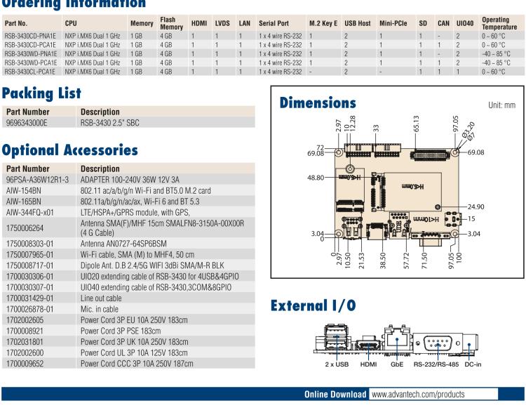 研華RSB-3430 基于NXP Arm Cortex-A9 i.MX6平臺,精簡功能的2.5寸緊湊型單板電腦。搭配UIO20/40可快速擴(kuò)展各種外設(shè)接口