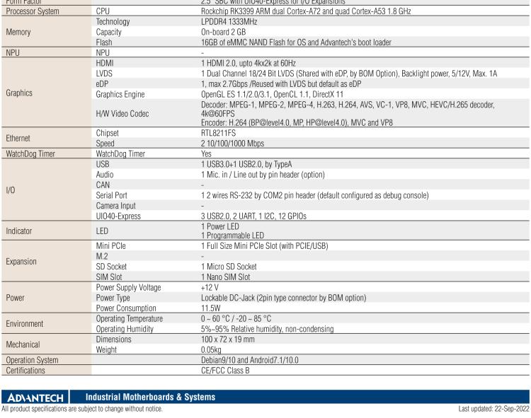 研華RSB-3710 Rockchip RK3399 Cortex-A72 2.5" 單板電腦，帶 UIO40-Express擴展