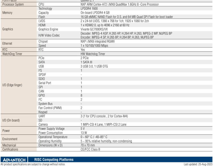 研華ROM-7720 基于NXP i.MX 8QM Qseven Arm核心模塊，多核異構，具備優(yōu)異的計算及圖形顯示性能