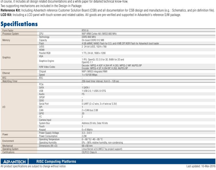 研華ROM-1210 基于NXP ARM Cortex?-A8 i.MX53 1GHz高性能處理器的RTX核心模塊，低功耗