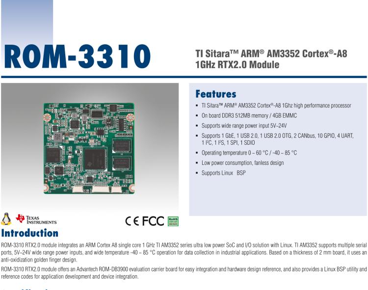 研華ROM-3310 基于TI AM3352 Cortex A8 1GHz RTX 2.0 的標(biāo)準(zhǔn)核心板，適用于寬溫抗震等工業(yè)自動化領(lǐng)域