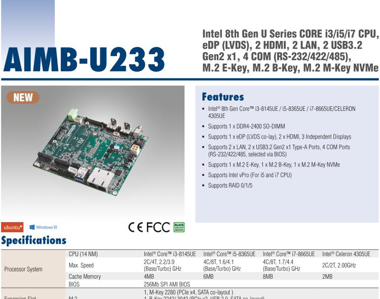 研華AIMB-U233 板載Intel 第8代 U系列 Core i3/i5/i7 處理器。低功耗高性能，無(wú)風(fēng)扇設(shè)計(jì)。
