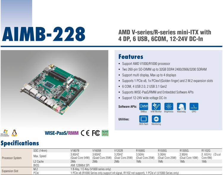 研華AIMB-228 板載AMD V系列/R系列處理器。超薄設(shè)計(jì)，支持寬壓，廣泛應(yīng)用在圖像處理、醫(yī)療影像等行業(yè)上。