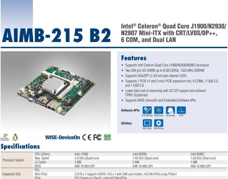 研華AIMB-215 板載Intel? 第4代 賽揚(yáng)處理器。豐富的擴(kuò)展，無風(fēng)扇設(shè)計(jì)，支持寬溫寬壓。