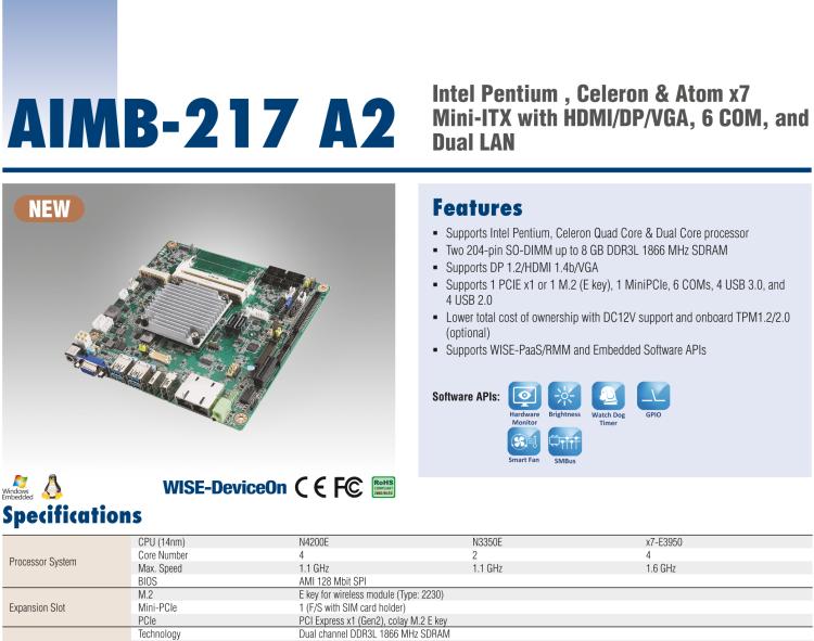 研華AIMB-217 板載Intel? 第6代 奔騰、賽揚、凌動系列處理器。擁有多COM和雙千兆網(wǎng)口，超薄緊湊，無風扇設計，支持寬溫。