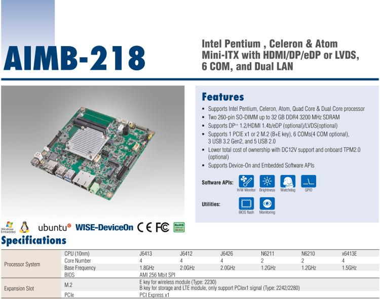 研華AIMB-218 板載Intel? 第8代 奔騰/賽揚(yáng)/凌動系列處理器。支持獨(dú)立三顯，超薄緊湊，無風(fēng)扇設(shè)計(jì)，支持寬溫。