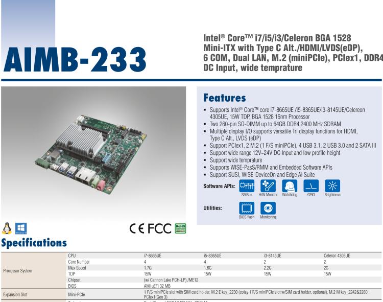 研華AIMB-233 板載Intel? 第8代 Core i 處理器。擁有Type C接口，滿足各類擴(kuò)展需求。低功耗，超薄緊湊，無風(fēng)扇設(shè)計，支持寬溫寬壓，性能強(qiáng)勁。