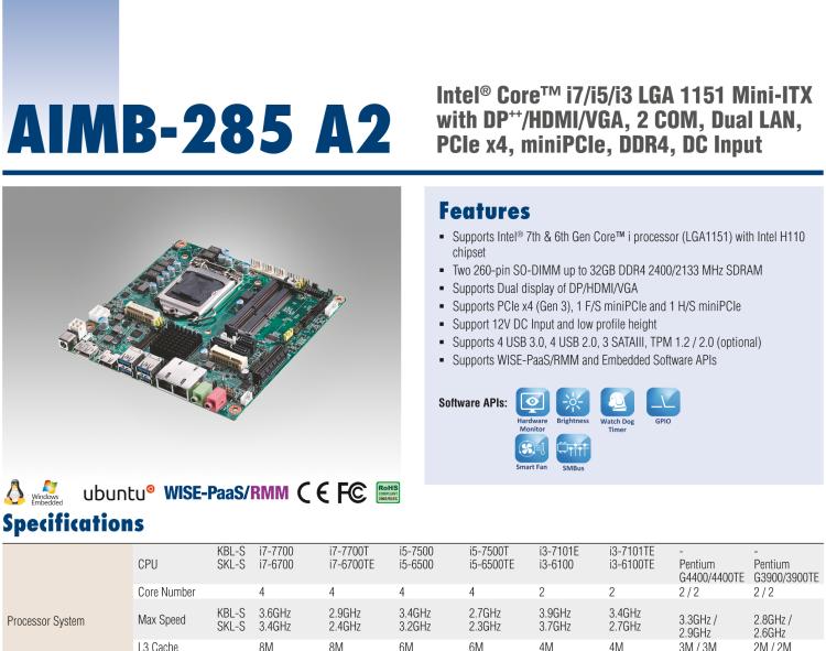 研華AIMB-285 適配Intel? 第6/7代 Core? i 處理器，搭載H110芯片組。超薄緊湊，是理想的高性價比解決方案。