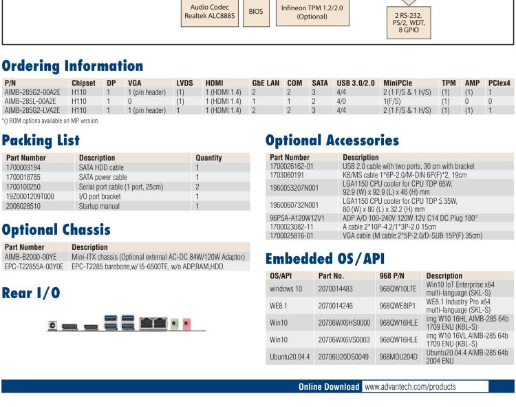 研華AIMB-285 適配Intel? 第6/7代 Core? i 處理器，搭載H110芯片組。超薄緊湊，是理想的高性價比解決方案。