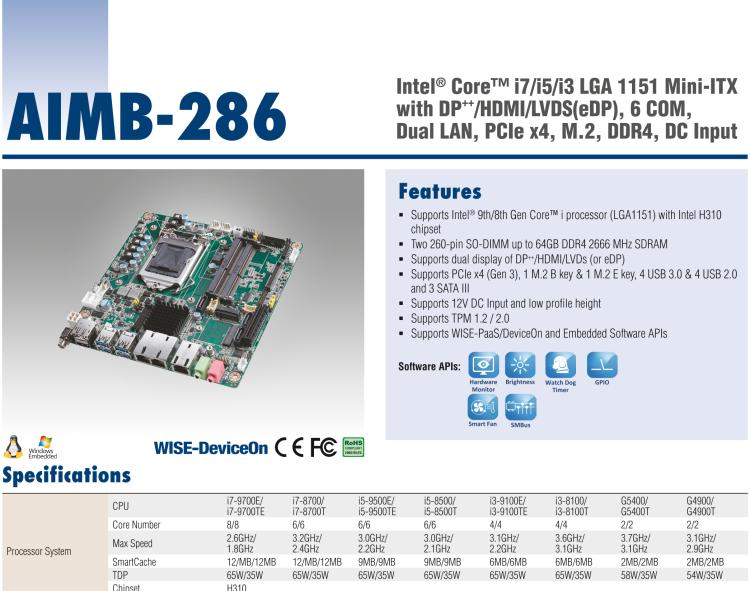 研華AIMB-286 Intel? 第8/9代 Core? i 系列處理器，搭載Intel H310芯片組。超薄設(shè)計，結(jié)構(gòu)緊湊。