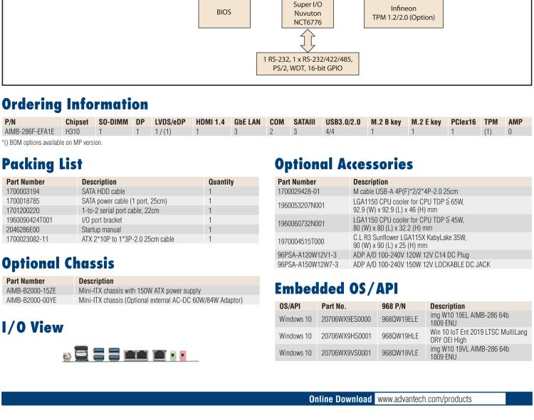 研華AIMB-286EF 適配Intel 第8/9代 Core i 處理器，搭載Intel H310芯片組。擁有1個(gè)PCIe x16插槽。超薄設(shè)計(jì)，接口豐富，是高端應(yīng)用中的高性價(jià)比方案。