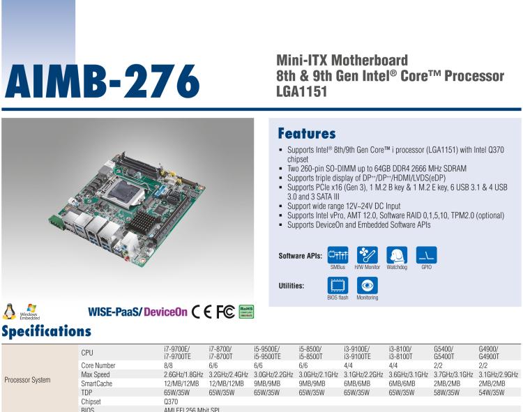 研華AIMB-276 適配Intel 第8/9代 Core?i7/i5/i3 處理器，搭載Q370芯片組。超高性能，是邊緣計算、AI視頻檢測等理想解決方案。