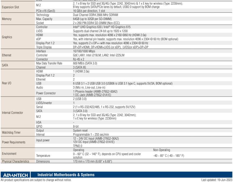 研華AIMB-276 適配Intel 第8/9代 Core?i7/i5/i3 處理器，搭載Q370芯片組。超高性能，是邊緣計算、AI視頻檢測等理想解決方案。