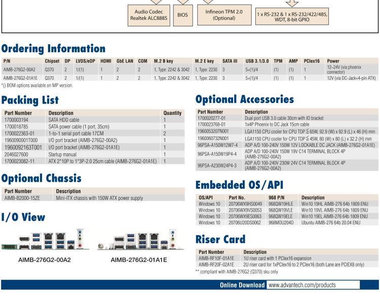 研華AIMB-276 適配Intel 第8/9代 Core?i7/i5/i3 處理器，搭載Q370芯片組。超高性能，是邊緣計算、AI視頻檢測等理想解決方案。