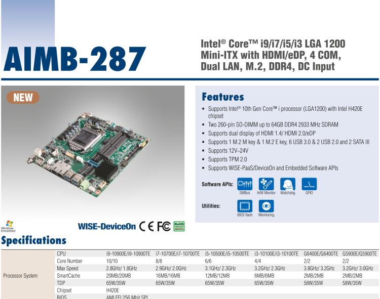 研華AIMB-287 適配Intel? 第10代 Core? i 系列處理器，搭載H420E芯片組。超薄設(shè)計，性能強勁。