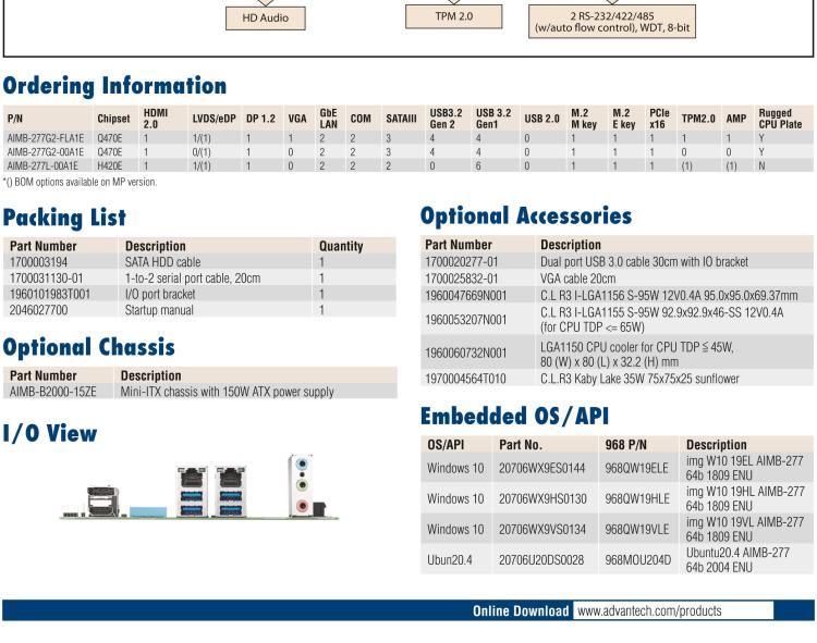 研華AIMB-277 適配Intel? 第10代 Core? i 系列處理器，搭載Q470E芯片組。性能強(qiáng)勁，適用于高端應(yīng)用領(lǐng)域。