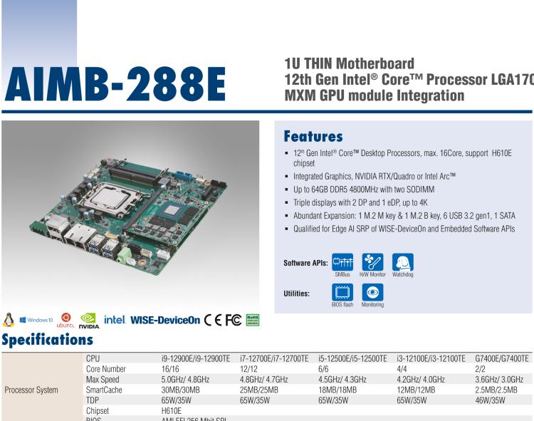 研華AIMB-288E 板載Intel 第12代 Core i 桌面級CPU。橫向顯卡插槽，搭配NVIDIA Quadro T1000 MXM顯卡。超薄散熱設(shè)計(jì)，高性能選擇方案。