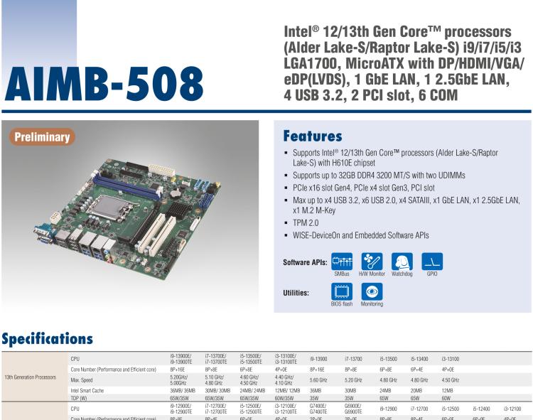 研華AIMB-508 適配Intel 第12/13代 Core i系列處理器，搭載H610E芯片組。擁有豐富的接口，性能強勁，高性價比解決方案。