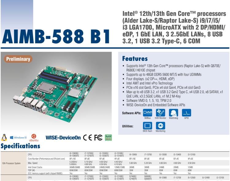 研華AIMB-588B1 適配Intel 第12/13代 Core i/奔騰系列處理器，搭載Q670E/R680E/H610E芯片組。性能可達(dá)服務(wù)器級別，獨(dú)立四顯，具備專業(yè)的圖像處理能力，是理想的行業(yè)解決方案。