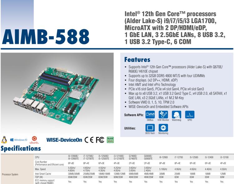 研華AIMB-588 適配Intel 第12代 Core i 系列處理器，搭載Q670E/ R680E/ H610E芯片組。高性能可達服務器級別高端產品，獨立四顯，專業(yè)的圖像處理能力，是理想的行業(yè)解決方案。