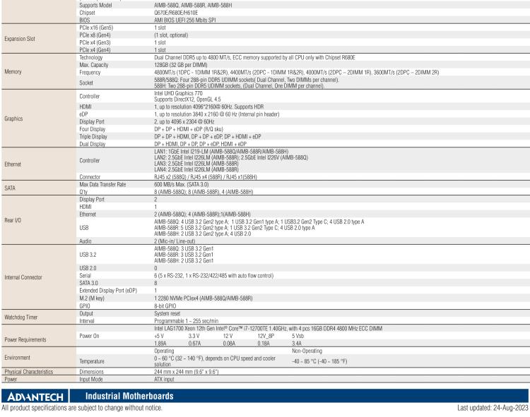 研華AIMB-588 適配Intel 第12代 Core i 系列處理器，搭載Q670E/ R680E/ H610E芯片組。高性能可達服務器級別高端產品，獨立四顯，專業(yè)的圖像處理能力，是理想的行業(yè)解決方案。