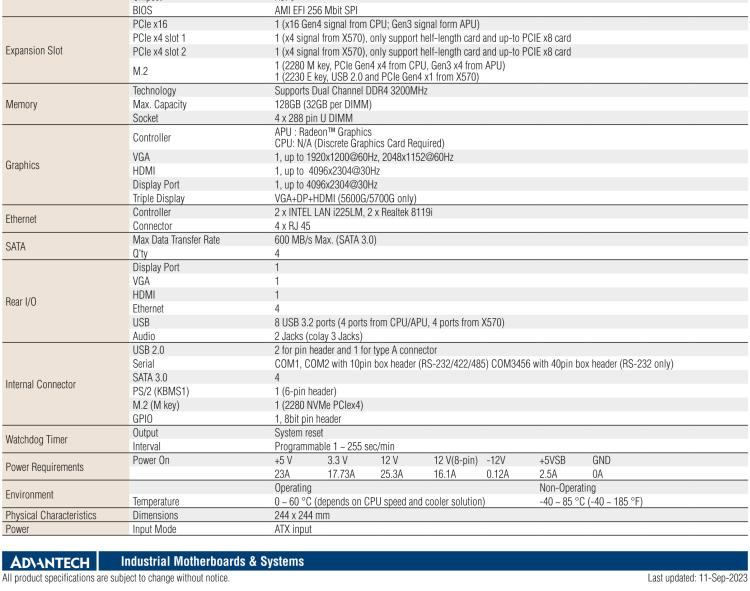 研華AIMB-522 適配AMD Ryzen? AM4 5000系列處理器，搭載X570芯片組。具有豐富接口，雙千兆網(wǎng)口和雙2.5GbE網(wǎng)口設(shè)計(jì)，用于自動(dòng)化和人工智能圖像處理等高端行業(yè)。