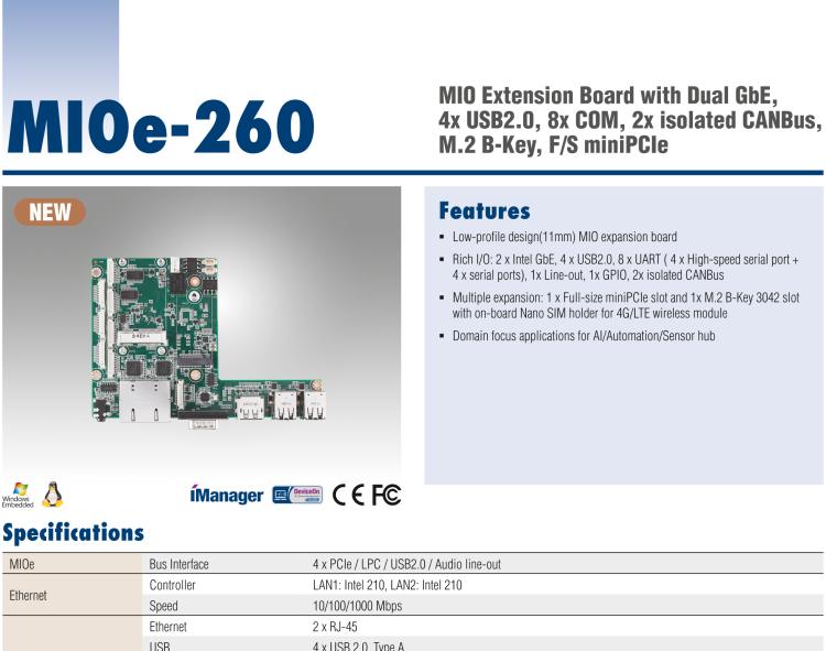 研華MIOe-260 M.2 B-key，高速 miniPCIe，雙Intel LAN，4個(gè)USB2.0、8個(gè)COM