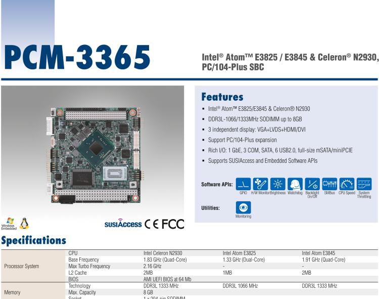 研華PCM-3365 英特爾第四代凌動?Atom?E3825 / E3845＆賽揚(yáng)?N2930，PC / 104-Plus嵌入式主板，ISA，VGA，HDMI / DVI，LVDS，6 USB，mSATA或板載SSD