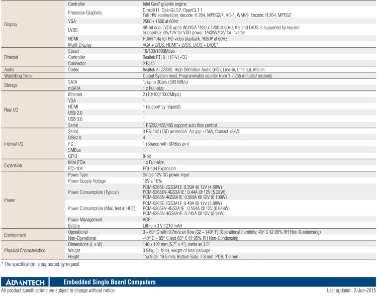 研華PCM-9365 第四代ATOM PCI-104 3.5寸主板, 搭載E3825，N2930 CPU，2GB/4GB內(nèi)存在板，VGA, 18/24-bit LVDS, 2GbE, Mini PCIe, PCI-104, iManager