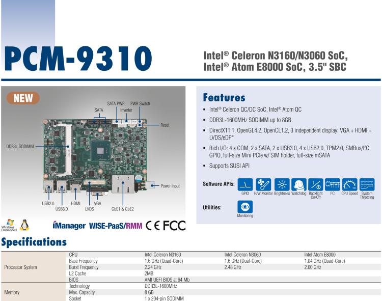 研華PCM-9310 英特爾第五代Atom?賽揚N3160 / N3060 SoC，Intel?Atom E8000 SoC，3.5寸單板電腦，DDR3L，VGA，HDMI，48位LVDS，2GbE，Mini PCIe，mSATA，SUSI API