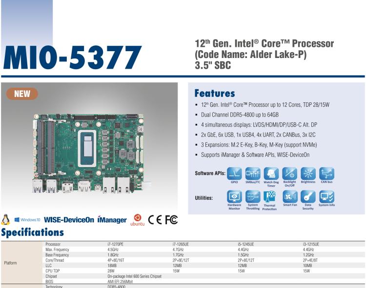 研華MIO-5377 第12代 Intel Core i7/ i5/ i3 P系列，3.5"單板電腦， 高達12 核心，TDP 28/15W