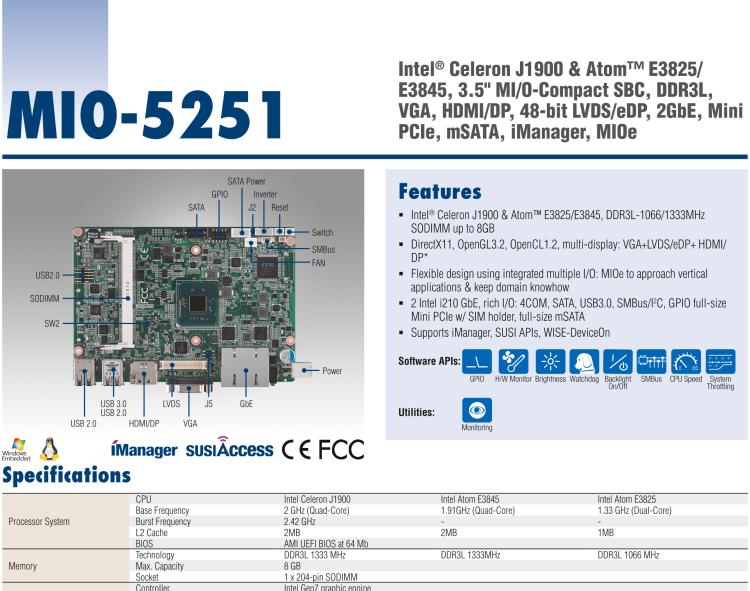 研華MIO-5251 3.5寸MIO單板電腦，采用嵌入式 Intel? Atom? E3825 &Intel? J1900處理器
