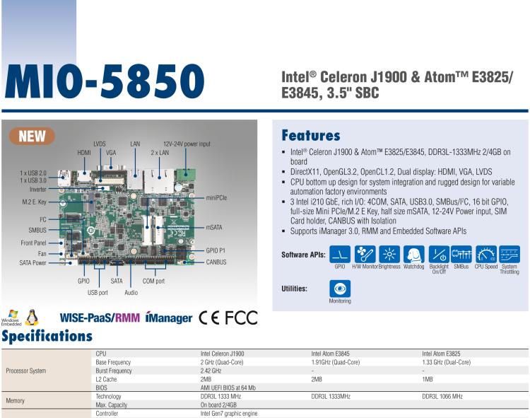 研華MIO-5850 Intel賽揚(yáng)J1900和Atom?E3825 / E3845,3.5“MI / O-Compact SBC，板載DDR3L，3GbE，iManager 3.0,16位GPIO，CANBUS，板載eMMC，12V / 24V電源輸入
