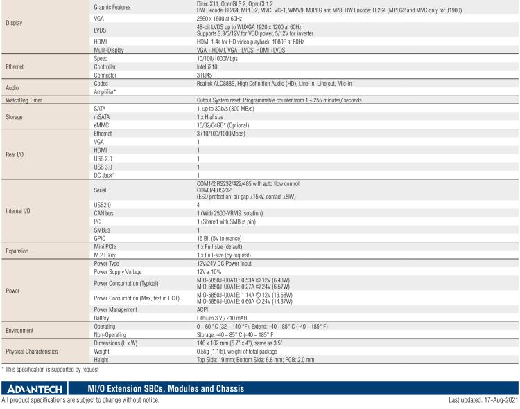 研華MIO-5850 Intel賽揚(yáng)J1900和Atom?E3825 / E3845,3.5“MI / O-Compact SBC，板載DDR3L，3GbE，iManager 3.0,16位GPIO，CANBUS，板載eMMC，12V / 24V電源輸入
