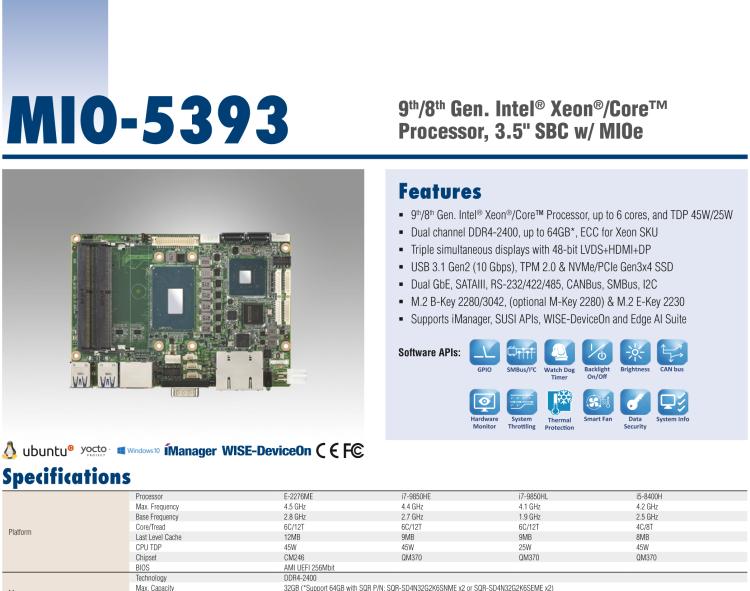 研華MIO-5393 第九代Intel 高性能筆記本CPU 3.5寸小尺寸嵌入式單板，性能提升25%，TDP 45W/25W，支持DDR4 64GB內(nèi)存，2LAN, 4USB 3.1，M.2 2280 Key支持NVMe，-40-85℃寬溫