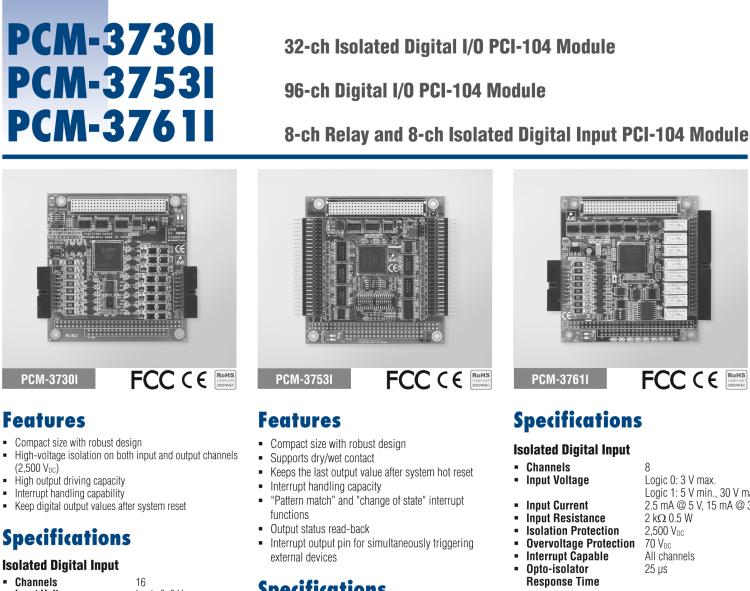 研華PCM-3730I PCI-104，2通,32通道隔離數(shù)字輸入/輸出卡