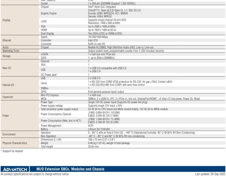 研華MIO-2263 2.5寸Pico-ITX主板，搭載Intel? Atom? SoC E3825/ J1900處理器的2.5寸Pico-ITX單板電腦，采用DDR3L內(nèi)存，支持24-bit LVDS + VGA/HDMI獨(dú)立雙顯，帶有豐富I/O接口：1個(gè)GbE、半長Mini PCIe、4個(gè)USB、2個(gè)COM、SMBus、mSATA & MIOe