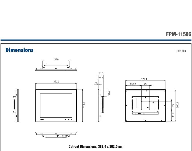 研華FPM-1150G 15”XGA液晶顯示屏工業(yè)顯示器，搭配電阻式觸摸屏及VGA / HDMI接口
