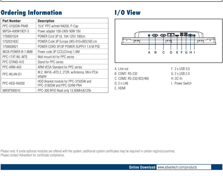 研華PPC-3150SW 15.6" 寬屏無風(fēng)扇工業(yè)平板電腦，搭載 Intel? Pentium? N4200 四核心處理器