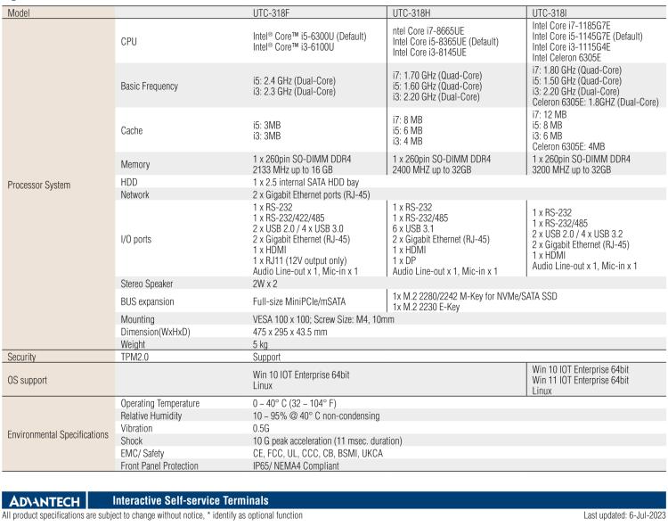 研華UTC-318H 18.5" 多功能觸控一體機(jī)，內(nèi)置 Intel? Core? i5-8365UE / Core? i3-8145UE